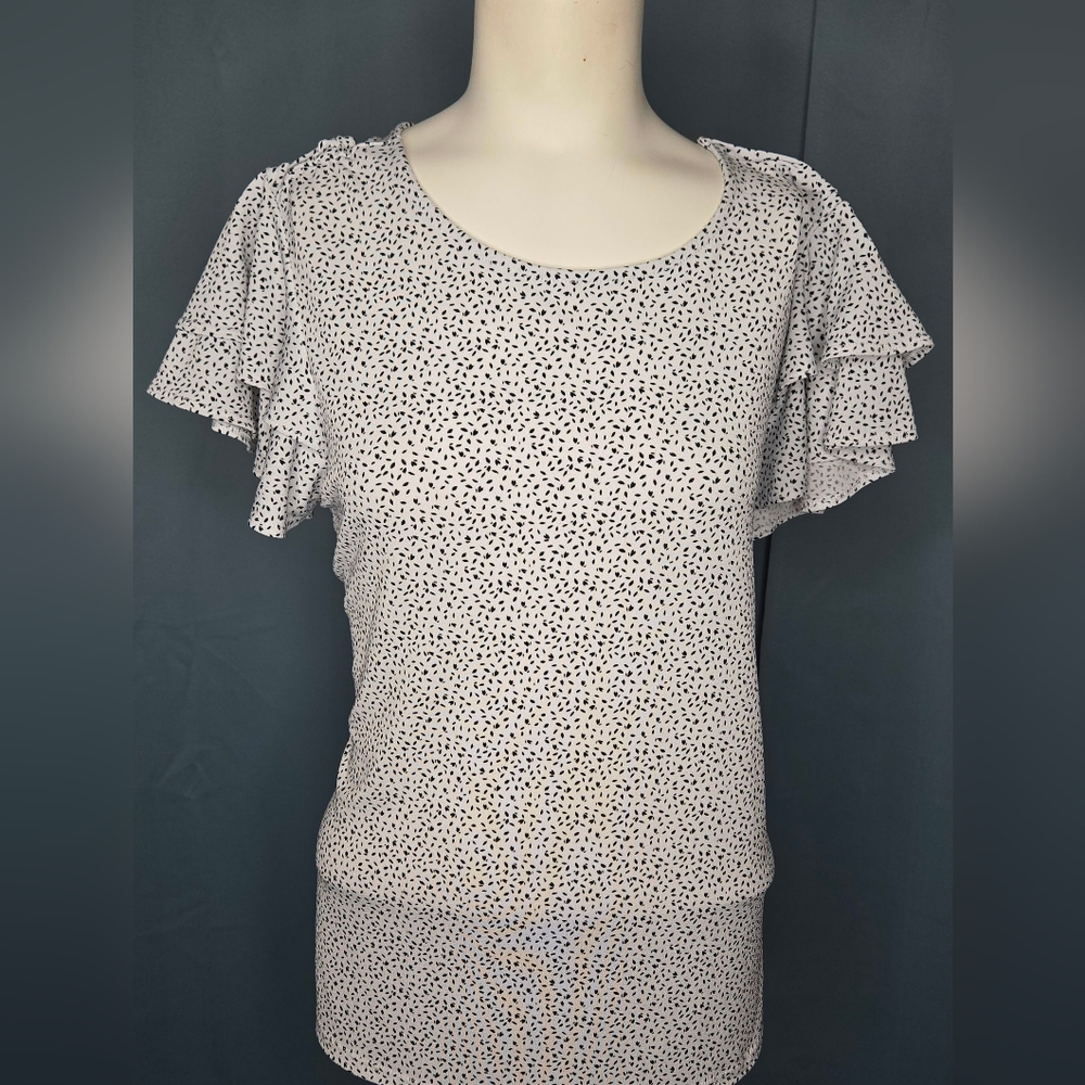 ​Adrianna Papell Double Flutter‎ Sleeve Abstract Printed Top White Black Size L